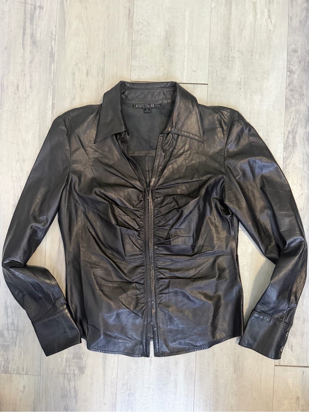 Lafayette 148 New York Black Leather Ruched Front Zip Jacket